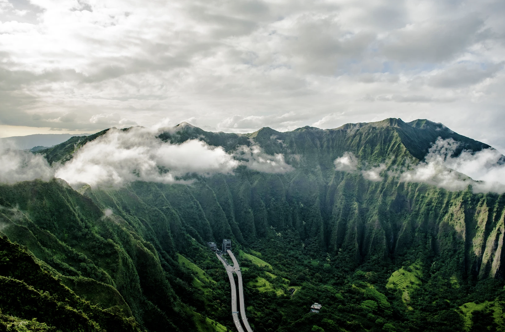 The Haiku Valley, with the H-3 highway center frame.