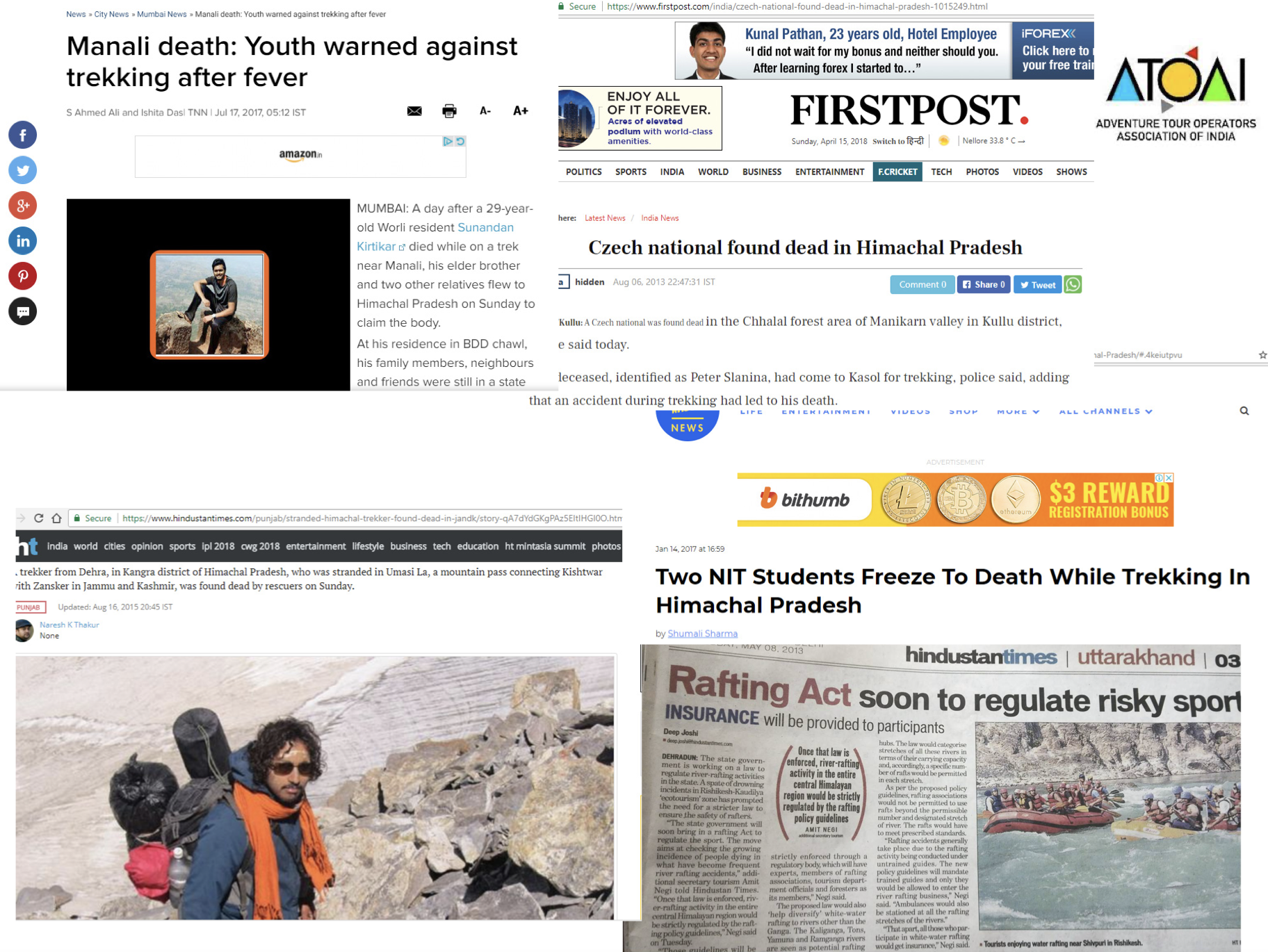 newspaper clippings showing deaths and injuries in the Indian mountains