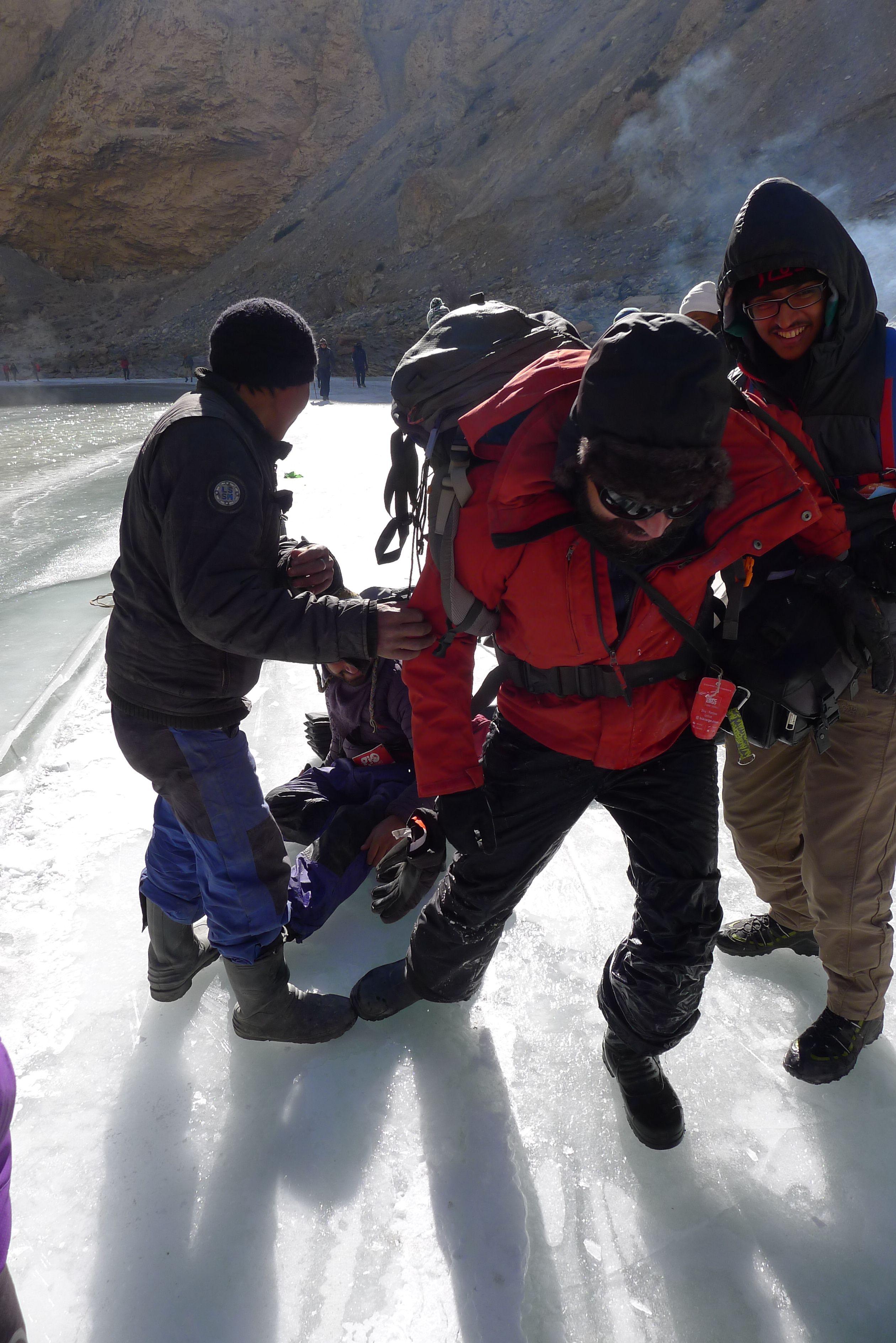 A member of our group pulled out of the water, after falling through the ice.