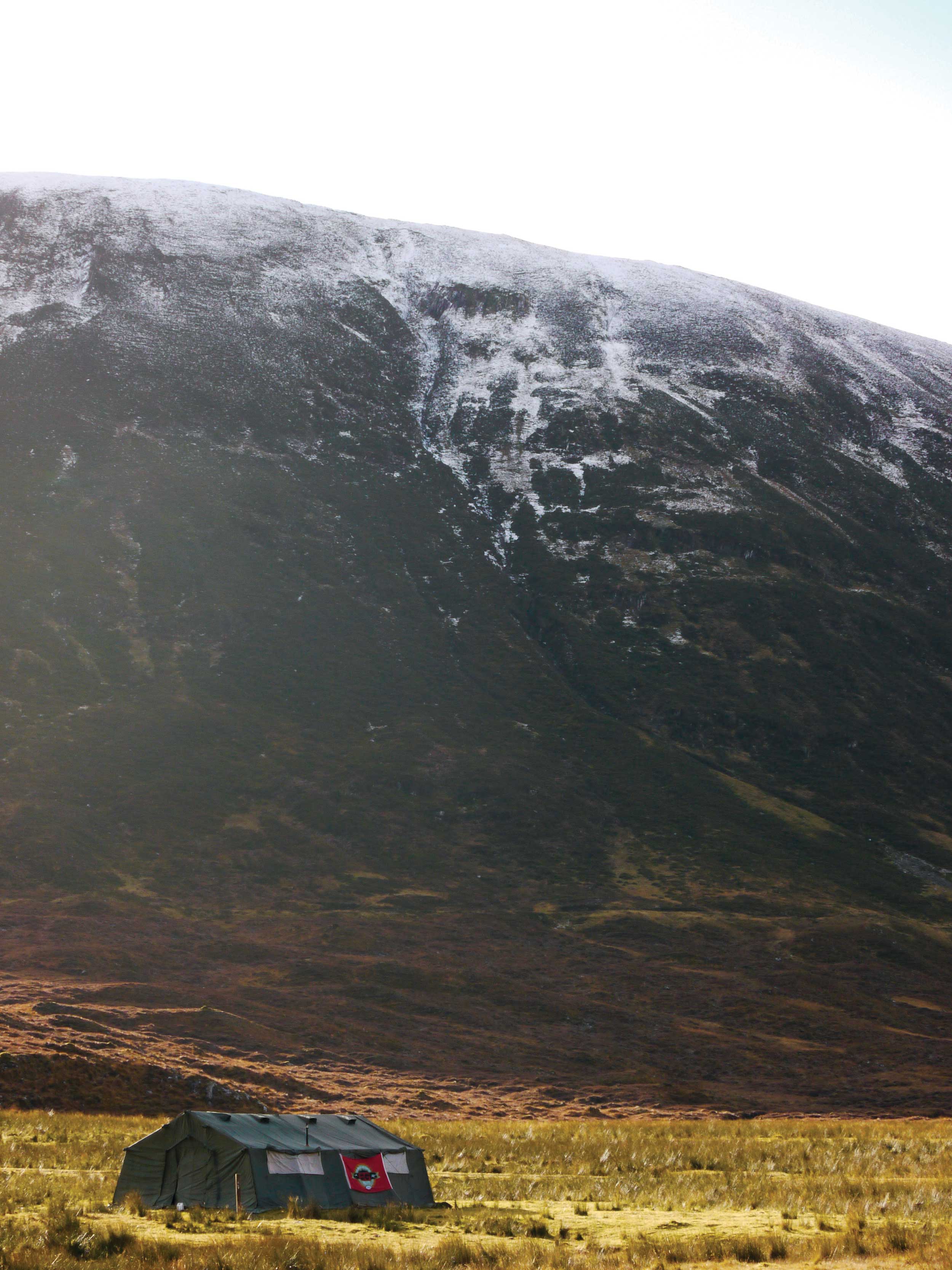 A tent set up for participants during the 5-day Survival in the Highlands course in Scotland.