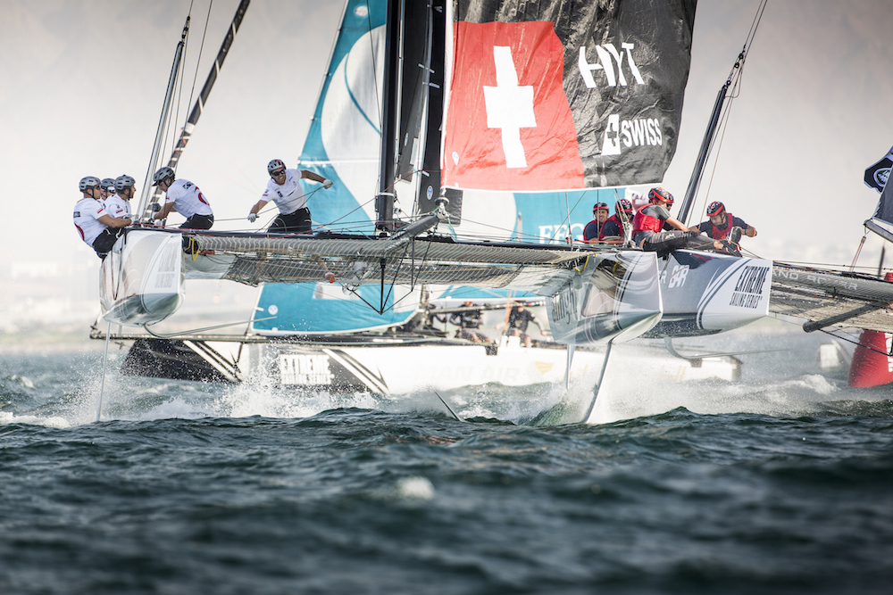 Extreme Sailing Series 2016. Act1. Muscat. Oman. Picture shows the foiling catamarans in action during practice racing close to the shore Credit - Lloyd Images