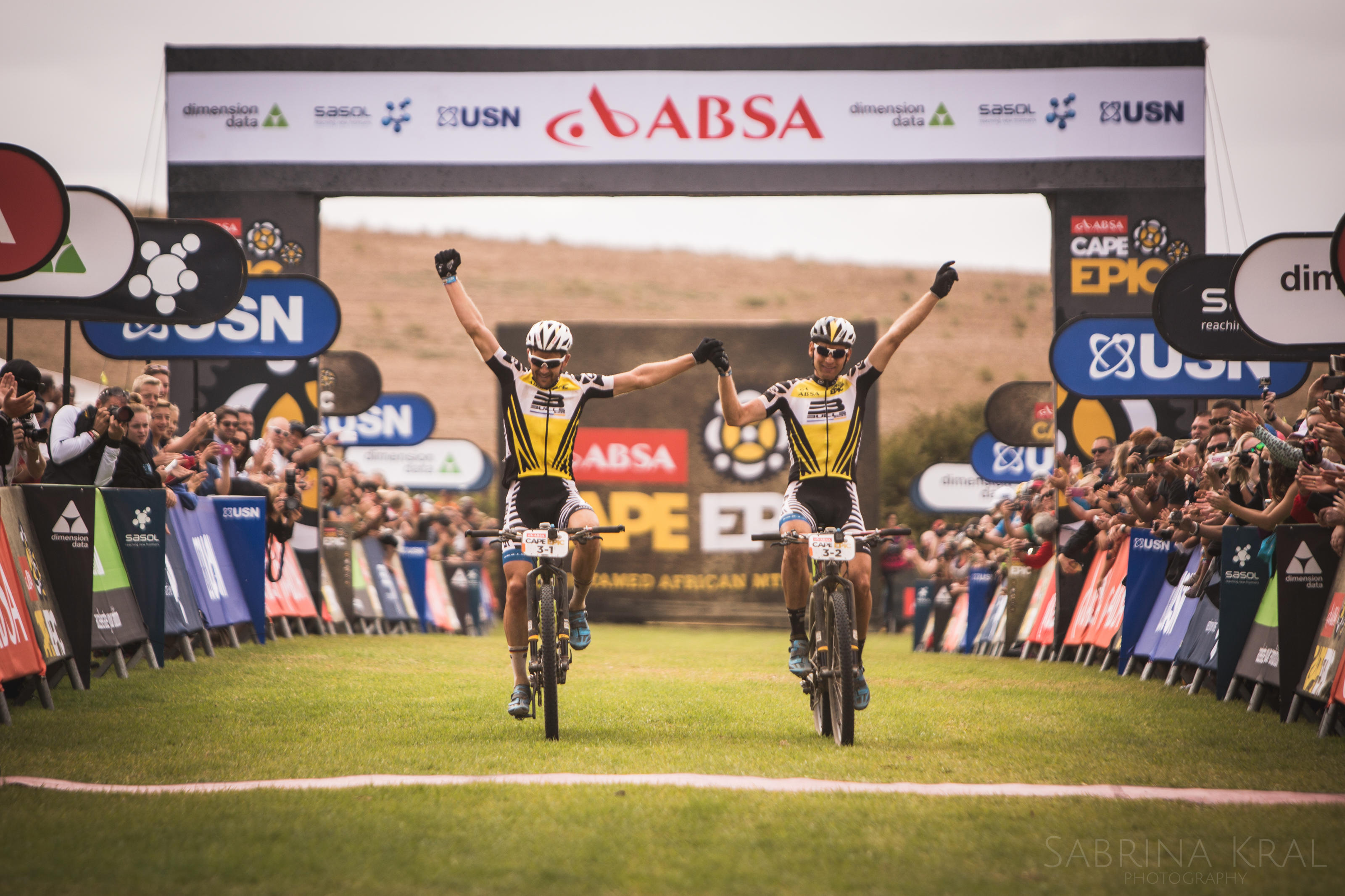 Karl and his partner at the finish line of the Cape Epic. Image ©: Sportograf