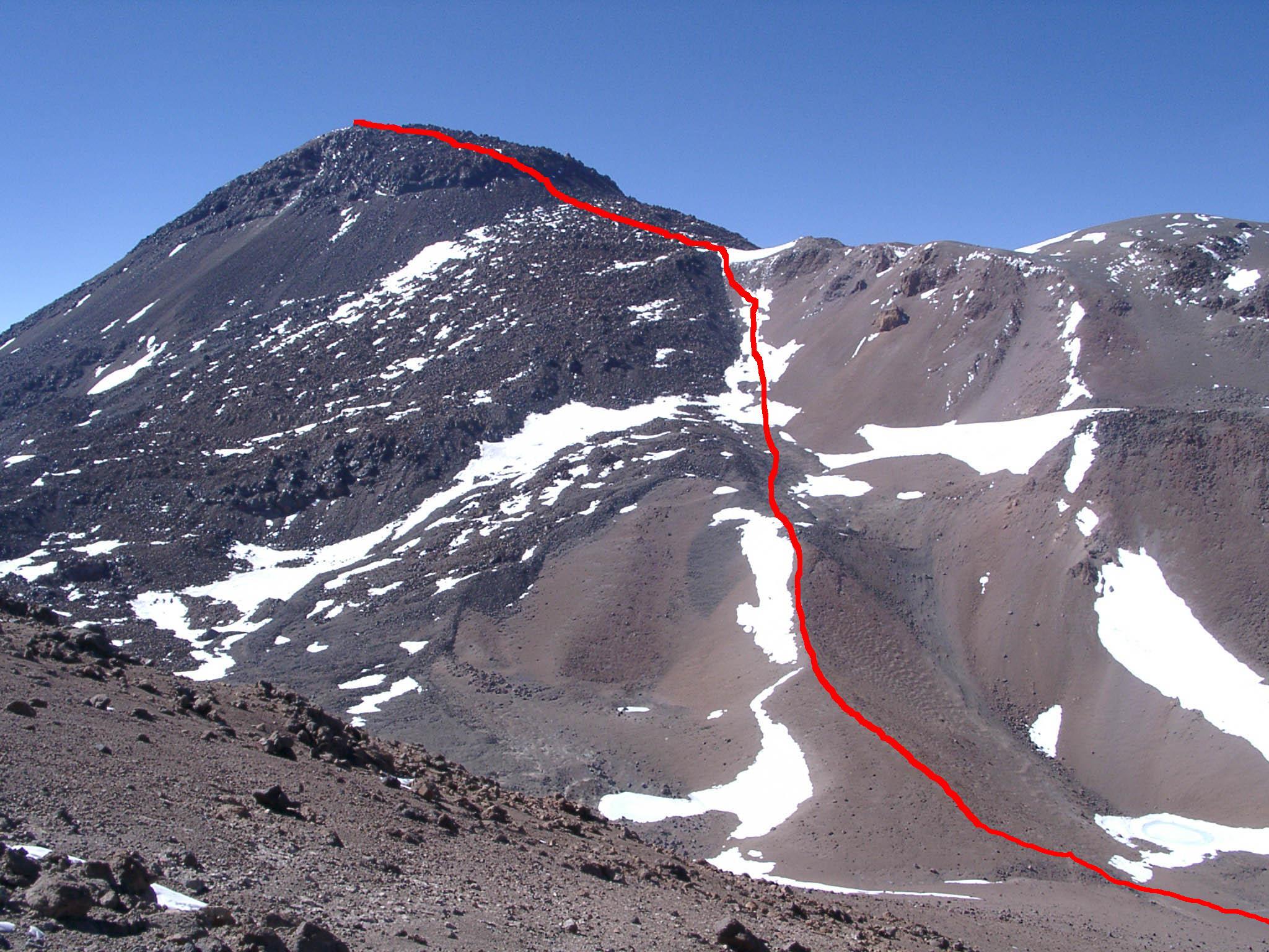 The Ascent of Cerro Tres Cruces Sur seen during the ascent of Cerro Tres Cruces Central. Image © Uwe Kraus