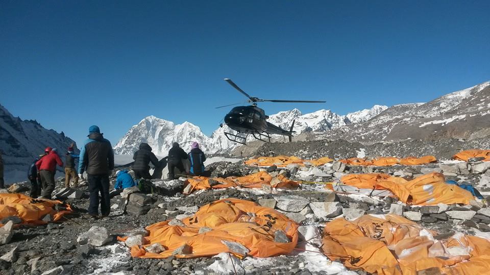 'Everyone is being brought down from camp 1 and camp 2 hopefully by today afternoon given good weather.multiple Helicopters have been flying nonstop since day light today.' Image © Dr. Nima Namgyal Sherpa