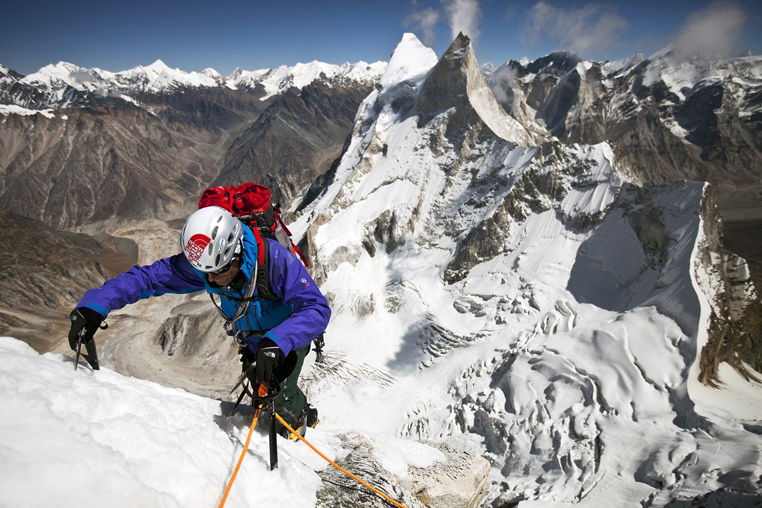 Conrad Anker geared up and climbing out near the team's highest portaledge camp at over 20,000ft.