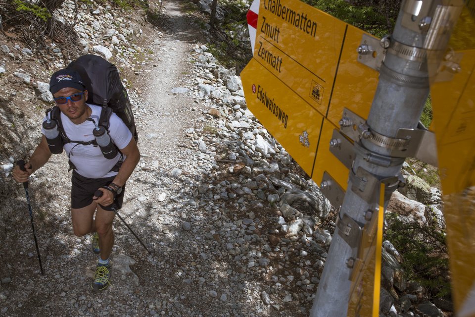 Victor Sebe (FRA3) hikes during the Red Bull X-Alps 2013 at Matterhorn in Zermat, Switzerland on July 14th, 2013 Image © Harald Tauderer/Red Bull Content Pool 