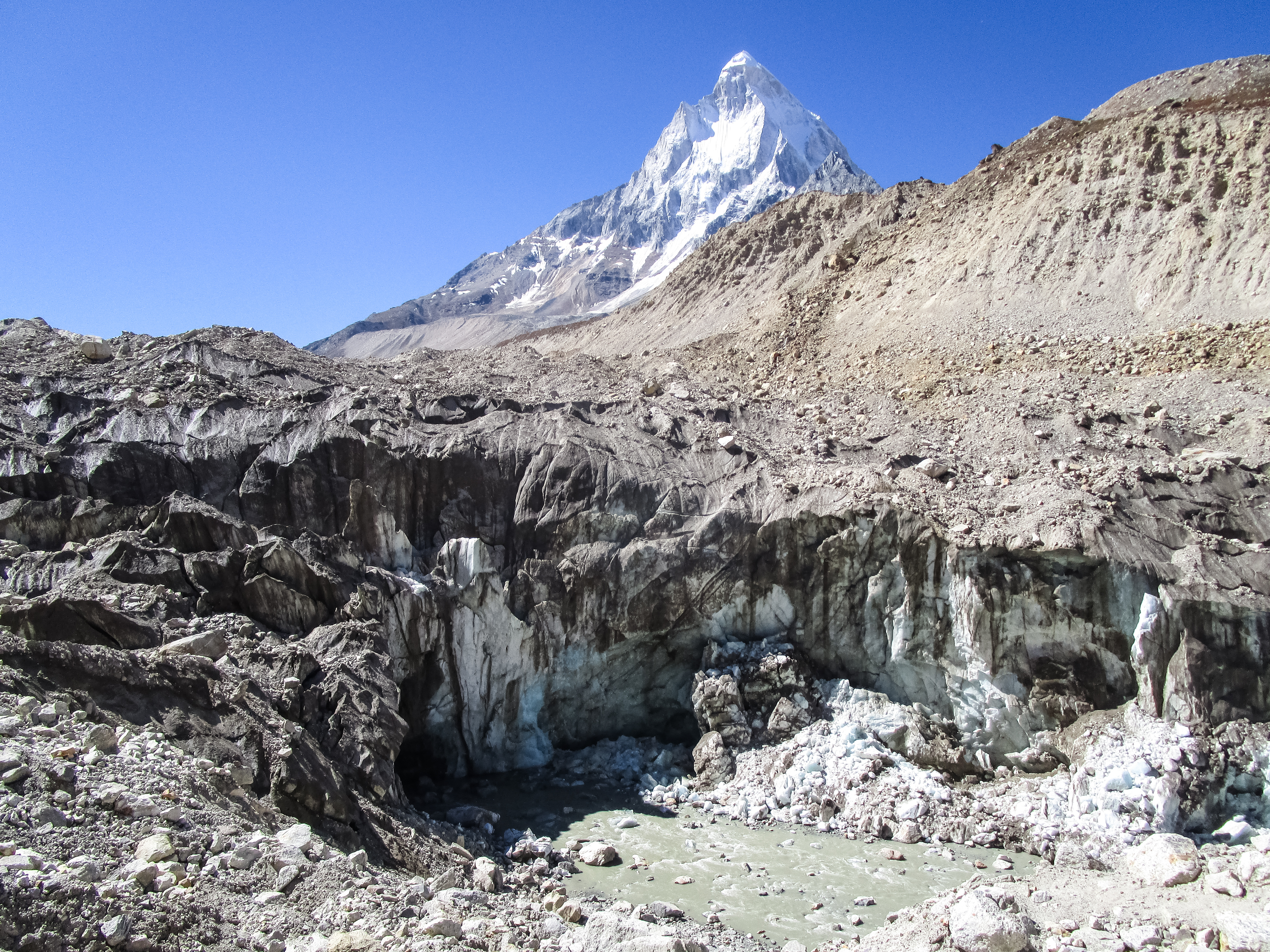 Gaumukh, the snout of the Gangotri glacier inside Gangotri National Park, Uttarakhand. The Gangotri, one of the largest Himalayan glaciers, is in Uttarkashi district. Originating at about 7,100m above sea level, the glacier is 30.2km long and has a width that varies between 0.5 and 2.5km. The Bhagirathi, one of the main tributaries of the Ganga, originates from the glacier, which has retreated more than 1,500 metres in the last 70 years. Post-1971, the rate of retreat of the glacier has declined. “ 2000 onwards, the average rate of retreat of the glacier per year has been about 12 to 13 metres,” said Dr. Kireet Kumar of the G.B. Pant Institute. © Yogesh Kumar