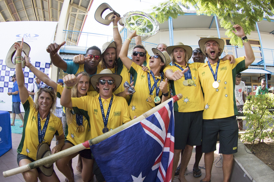 Team Australia celebrates winning their fourth Team Gold Medal in the fifth edition of the ISA World SUP and Paddleboard Championship. Photo: ISA / Sean Evans
