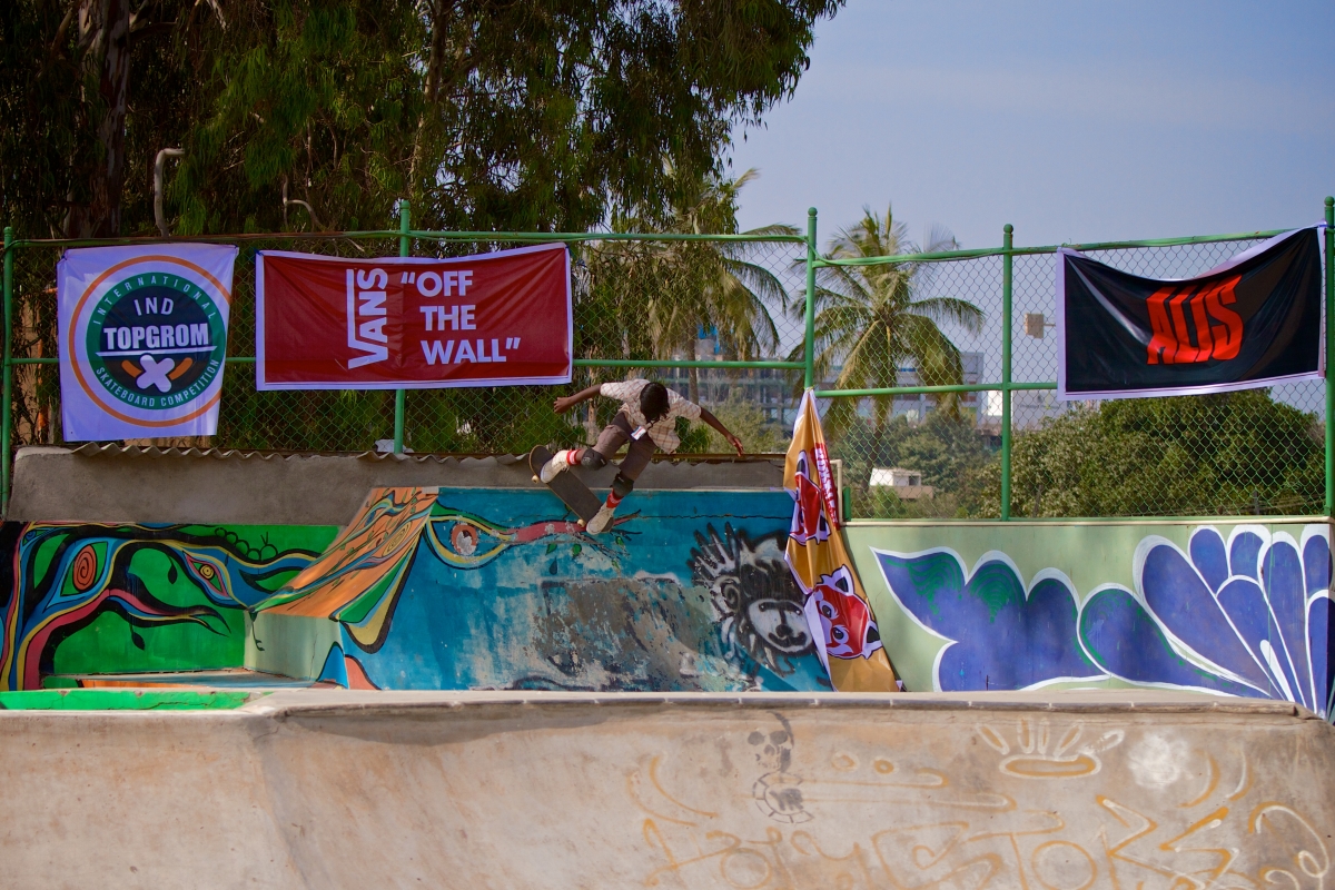 Bangalore skater Devappa grinding the lip of the ramp..Rammohan Paranjape