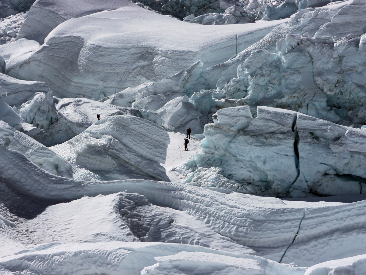 Climbers make their way through the famed Khumbu Ice Fall on their way to Camp I. Photo: Garrett Madison.