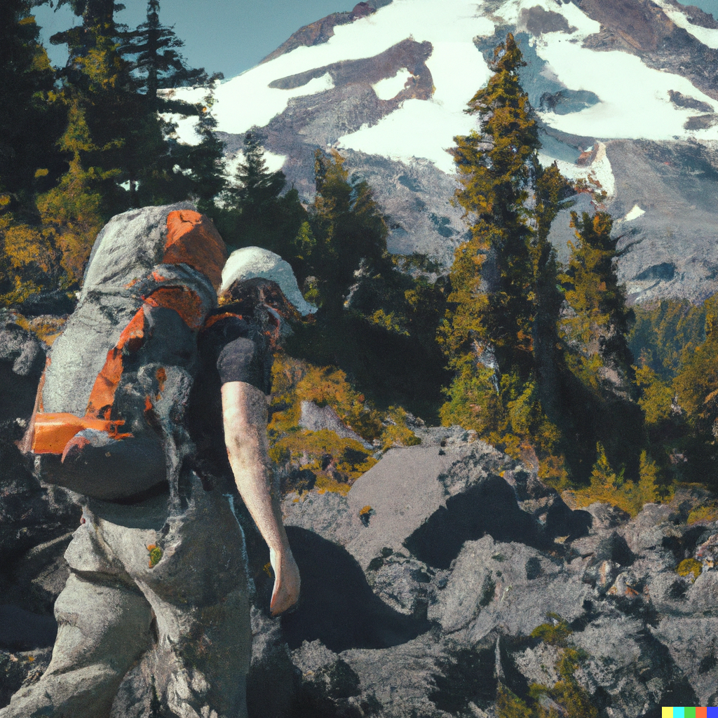 An adventurer backpacking in rugged wilderness terrain. Image generated by the DALL-E AI. 