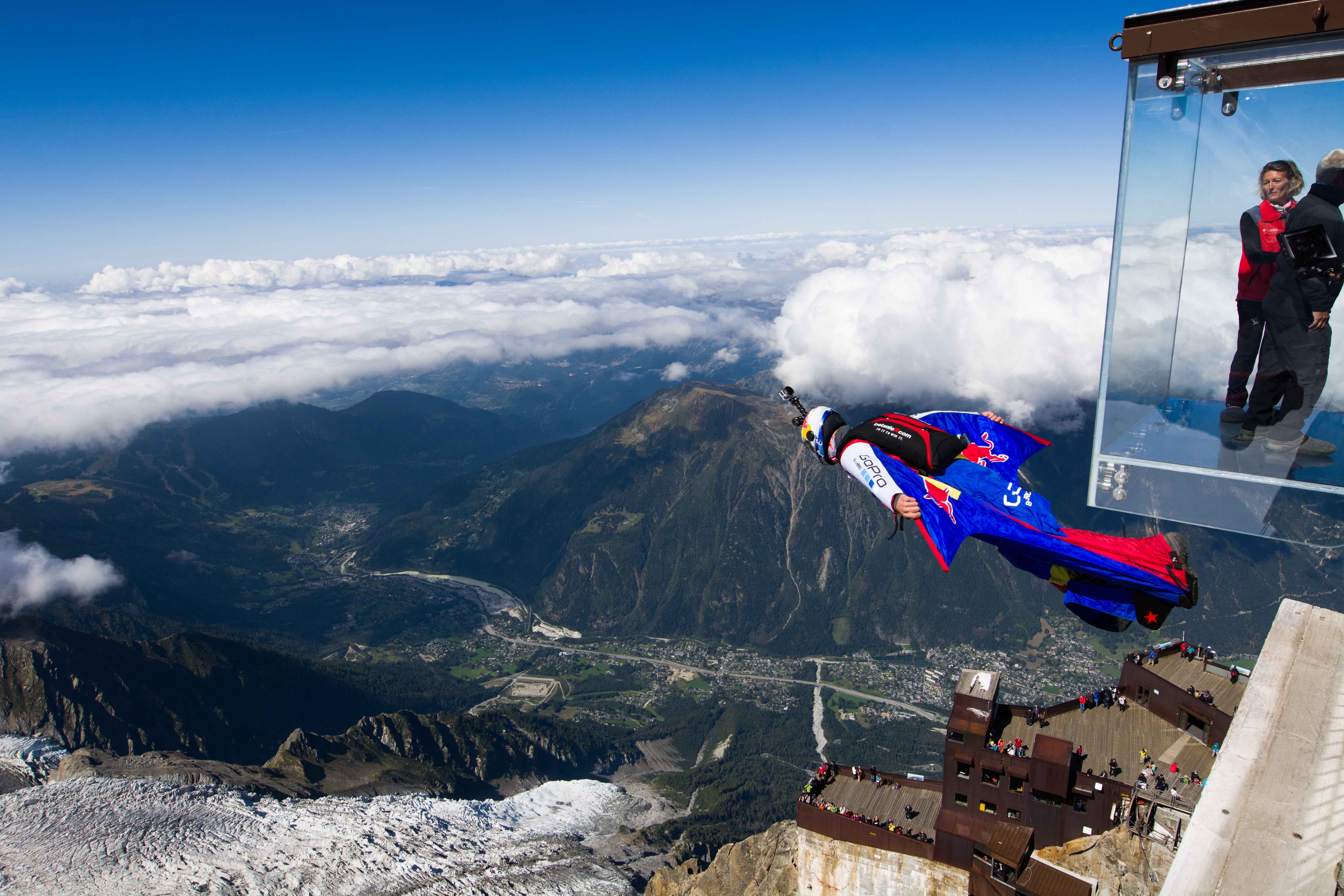 The highest jump of his life, Jokke Sommer steps off Aguille du Midi (3,842m), on the Mont Blanc massif in the French Alps. Photo: Christoph Dittmer