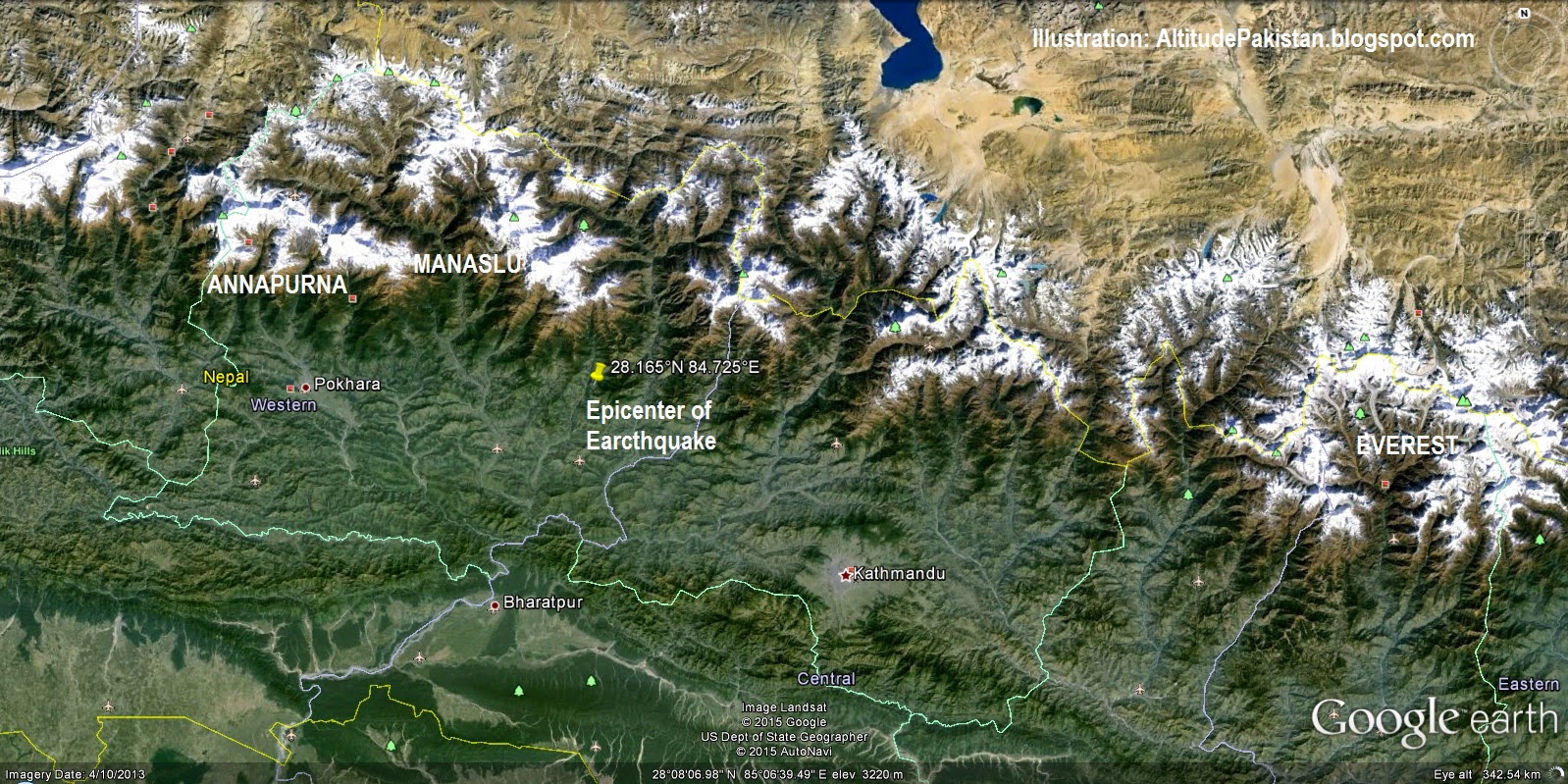 The Earthquake location. 40km Southeast of Manaslu, 210km west of Everest.