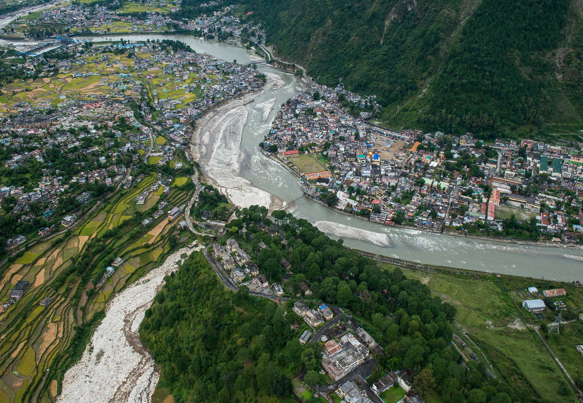 Aerial Image of the Ganges as it winds through the Uttarkashi region in the foothills of the Himalaya. In 2013, a record flood devastated this region, wiping roads and villages off the map, killing 6000 and leaving 30,000 stranded.
