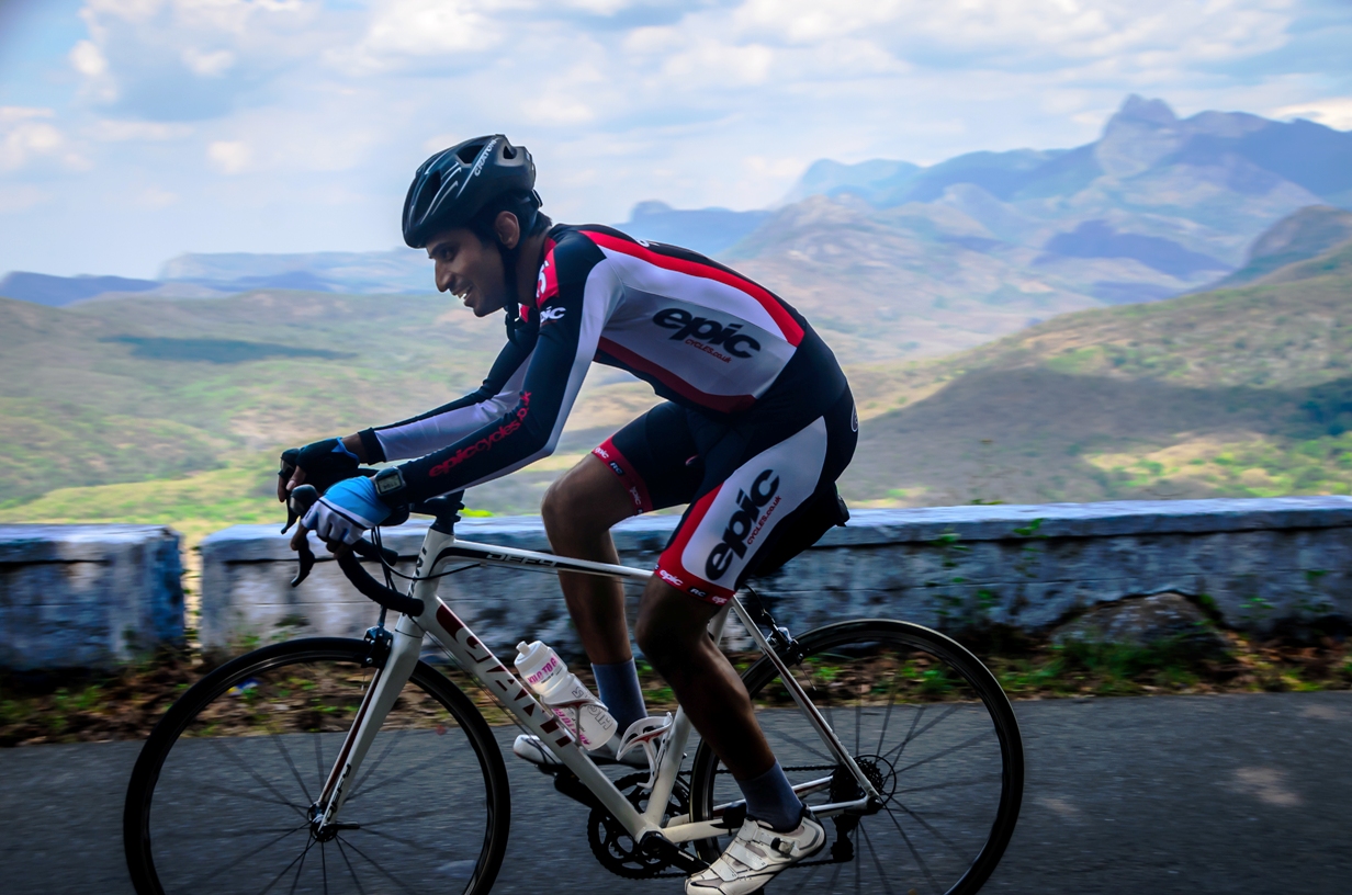 Giridhar cycling on a hilly terrain near Bangalore