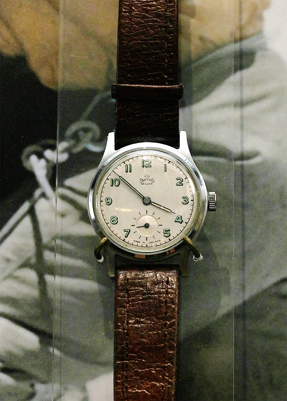 "Presented to the Clockmakers Museum around October 1953 by Sir Edmund Hillary, after wearing it on his ascent up the mountain. The watch is a Smiths De Luxe 15 jewel movement in a steel waterproof case by the Dennison Watch Case Company. It was originally oiled with a special lubricant to withstand low temperatures- on his return Hillary had reported to Smiths that he had been very satisfied with the watch. The watch is on display in the Clockmakers Museum at the Science Museum London" - Anna Rolls, Curator of the Clockmakers' Museum, in an email to The Outdoor Journal.