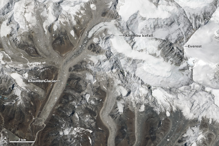 Khumbu glacier in relation to Everest. Image © NASA