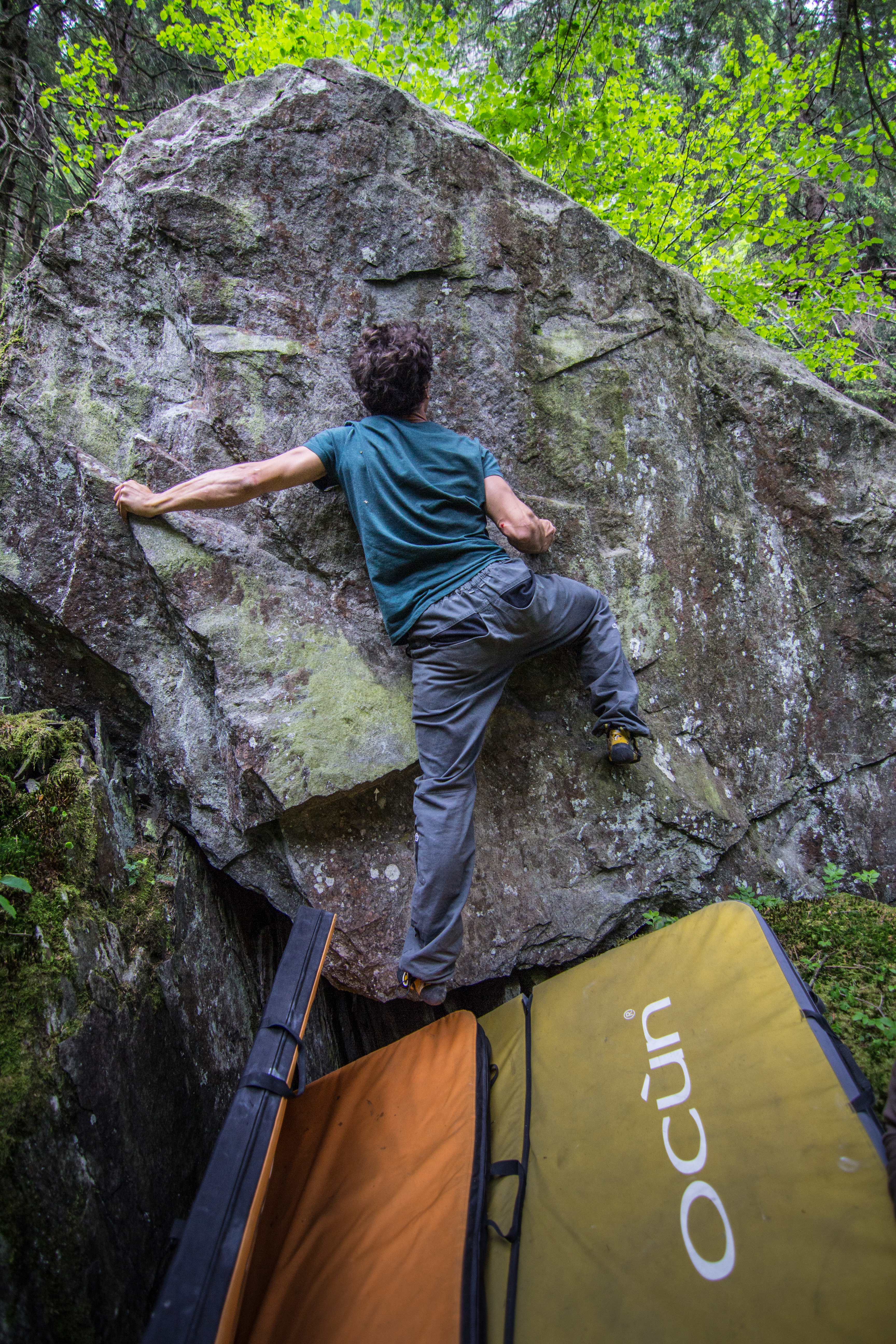 Raffael Walter attempting a boulder in Selma, Switzerland, through a rehabilitating left elbow. Photo: Trivik Verma