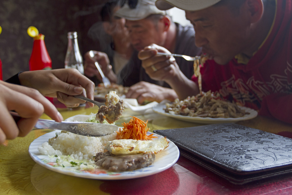 Eating at a restaurant on the way to Ulaanbaatar. 