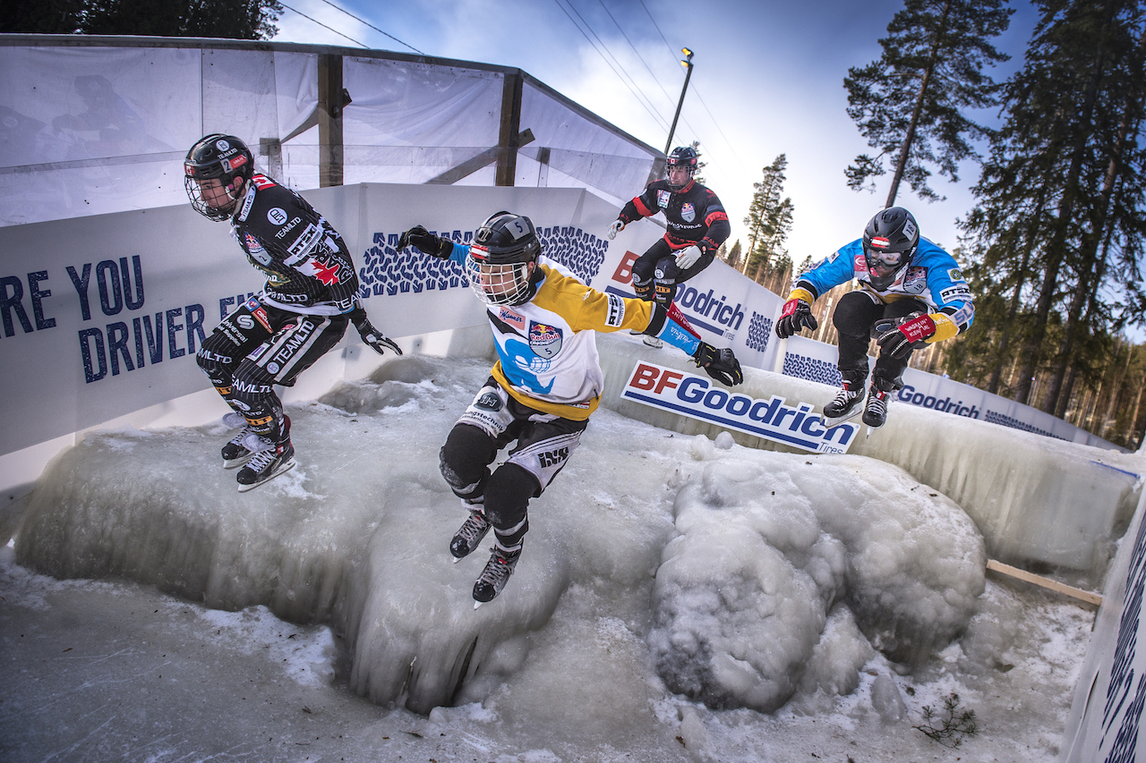 Scott Croxall of Canada, Kyle Croxall of Canada, Marco Dallago of Austria and Luca Dallago of Austria perform at the second stage of the ATSX Ice Cross Downhill World Championship at the Red Bull Crashed Ice in Jyvaskyla-Laajis, Finland on January 20, 2017.