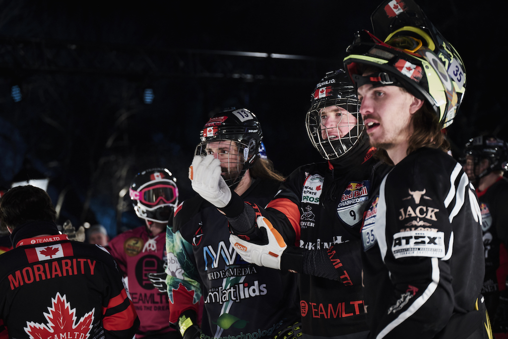 Coleton Haywood, Kyle Croxall, Steven Cox of Canada prepare for a training session at the fourth stage of the ATSX Ice Cross Downhill World Championship at the Red Bull Crashed Ice in Ottawa, Canada on March 02, 2017. // Armin Walcher / Red Bull Content Pool // P-20170303-00116 // Usage for editorial use only // Please go to www.redbullcontentpool.com for further information. //