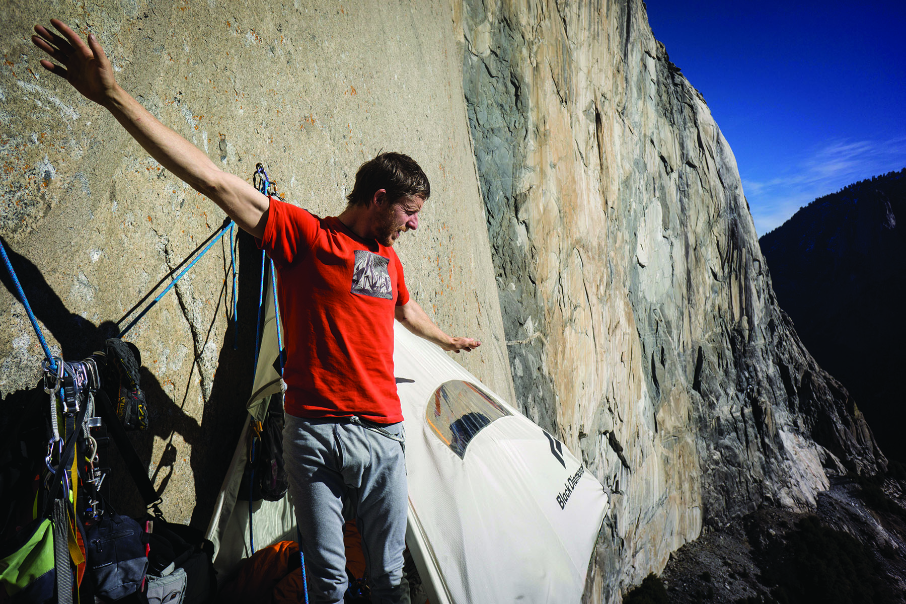 Tommy Caldwell stretches after a long night on the wall